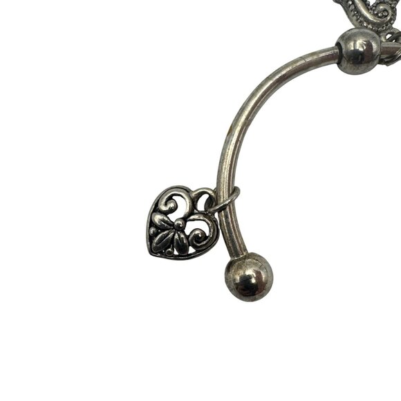 Silver-Tone Bangle Bracelet with Etched Heart Charms Adjustable - Picture 3 of 8